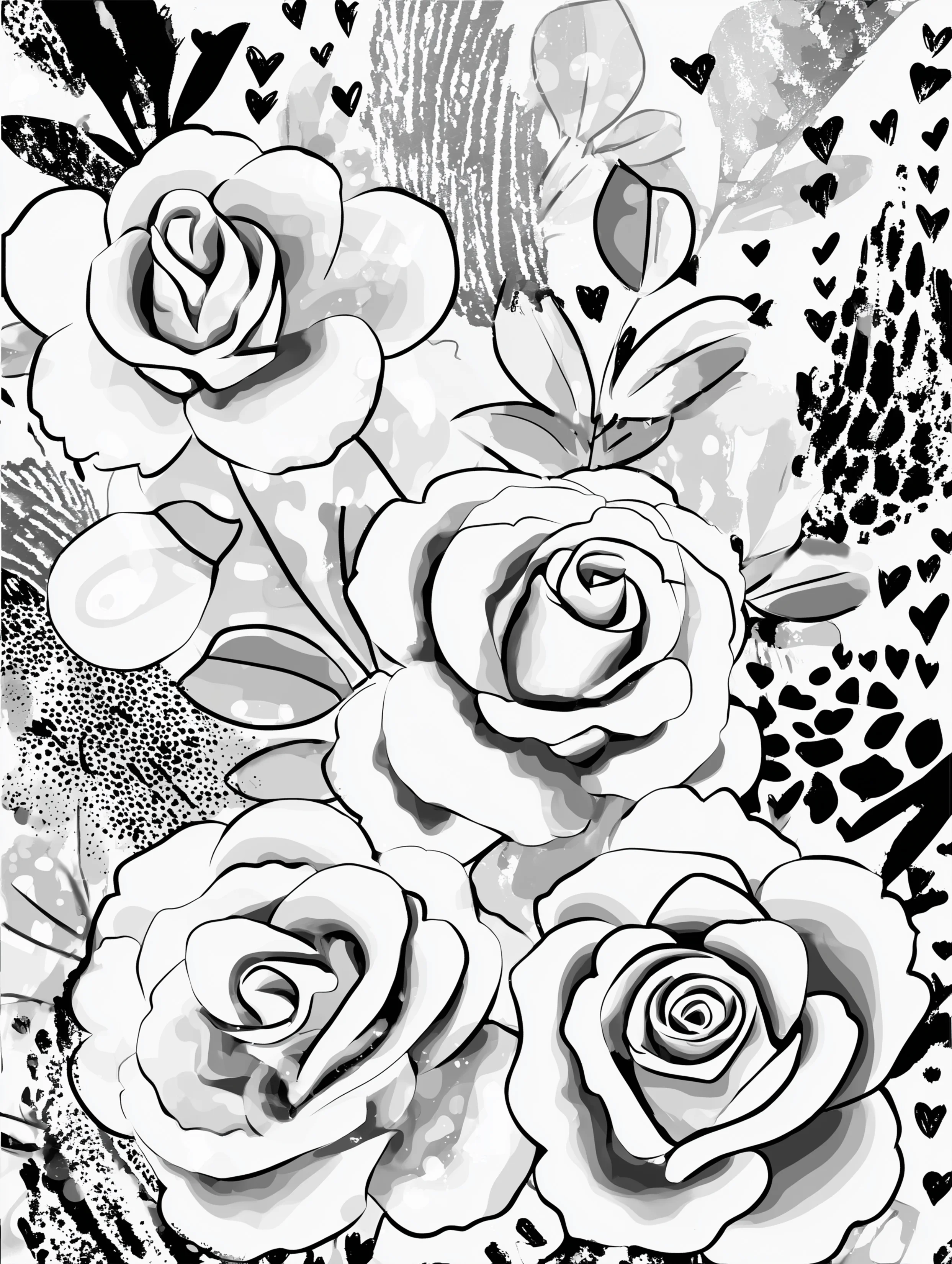 Free printable rose coloring page for adults featuring tiny hearts and roses